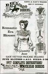 Pattern for Ladies Romantic Era Blouse,
five styles in sizes 6 to 22,
complete instructions